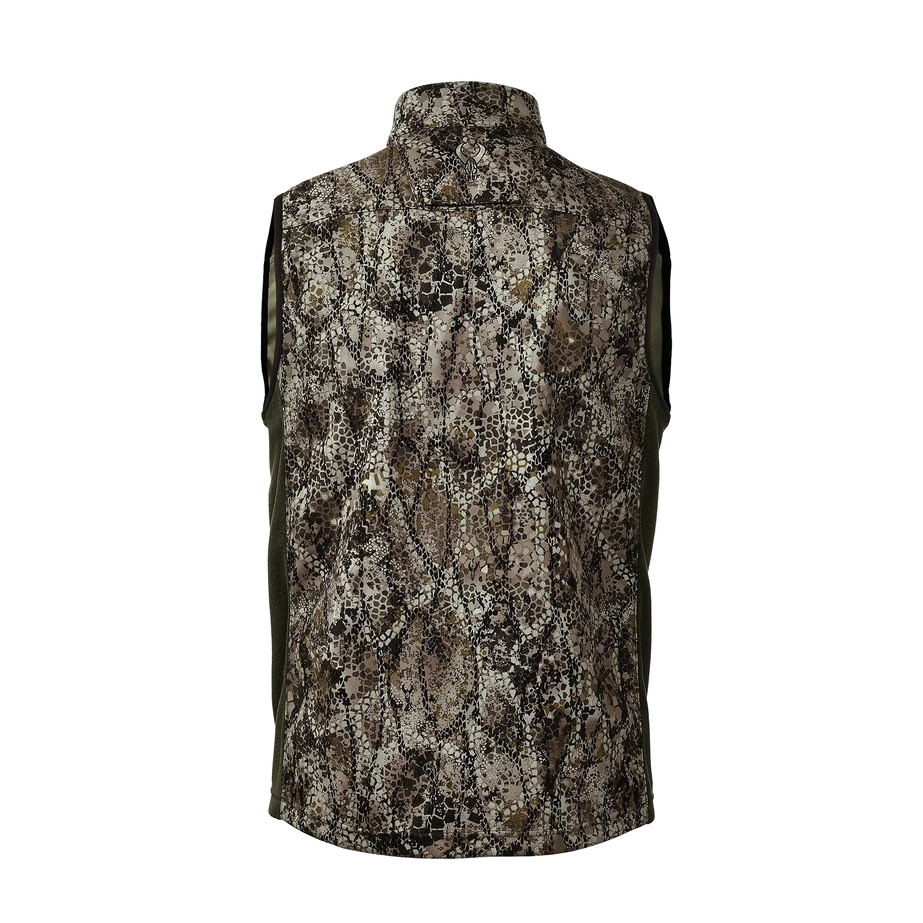 Sleeveless camouflage hunting vest with high neck and digital camo pattern, back view