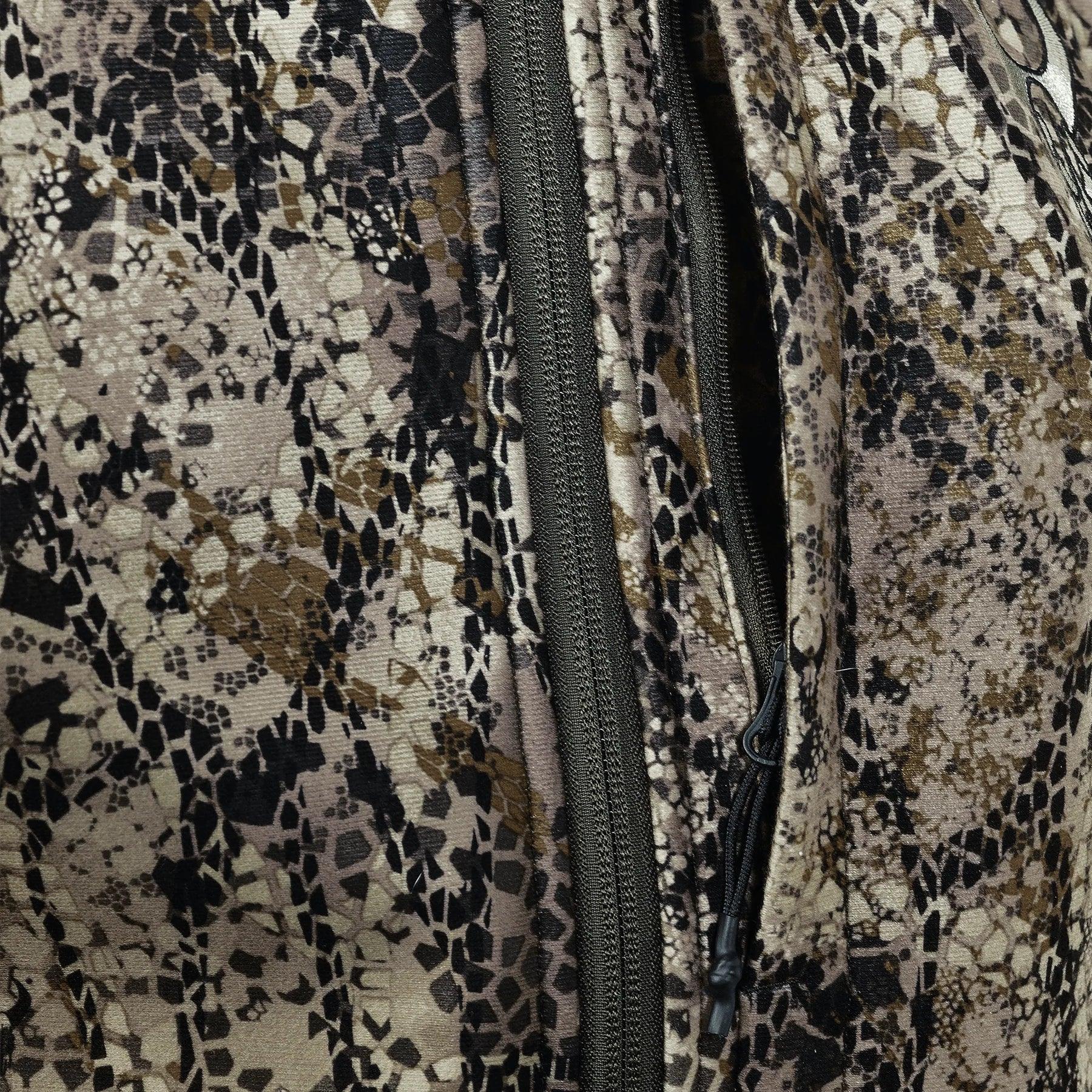 Close-up of camouflage pattern jacket with zipper detail