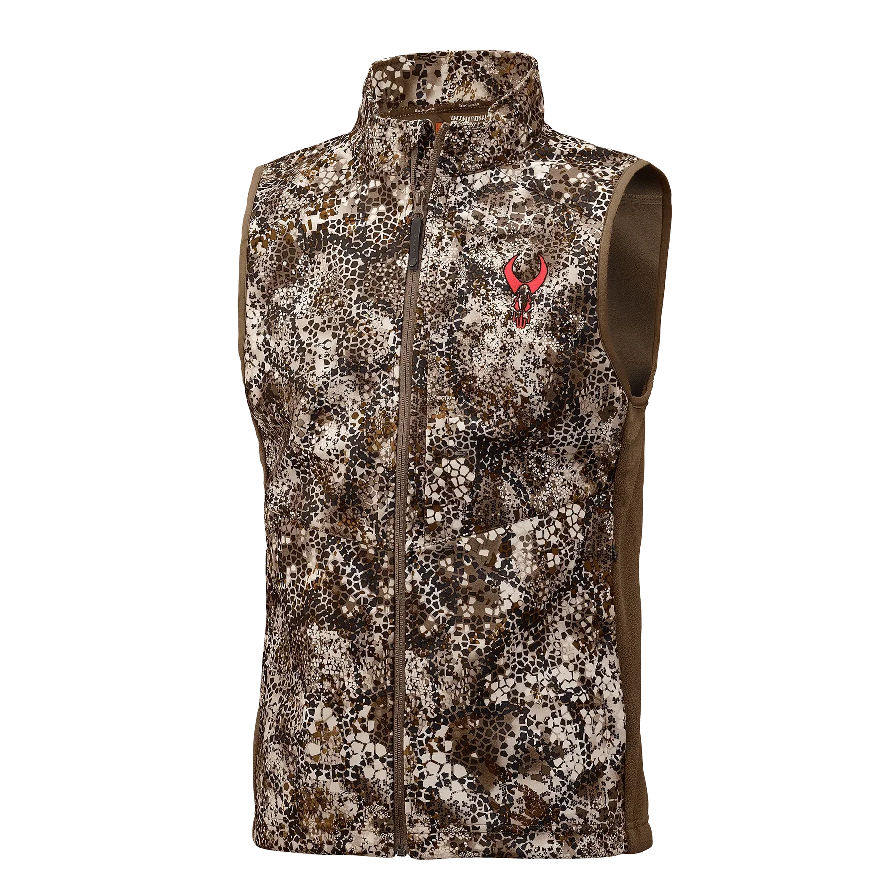 Camo hunting vest with zip front, high collar, and red skull logo on chest