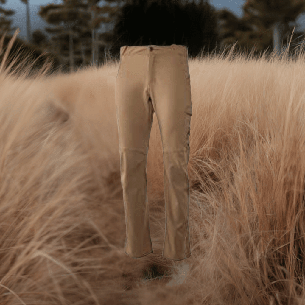 Tan outdoor Badlands Scree pants displayed in tall grass field with trees in background