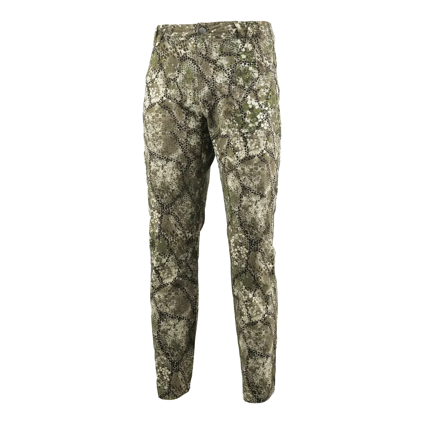 Camouflage outdoor pants with multi-tone green and brown pattern on black background