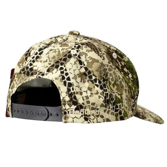 Badlands snapback cap with green camo pattern and adjustable strap, outdoor sports hat