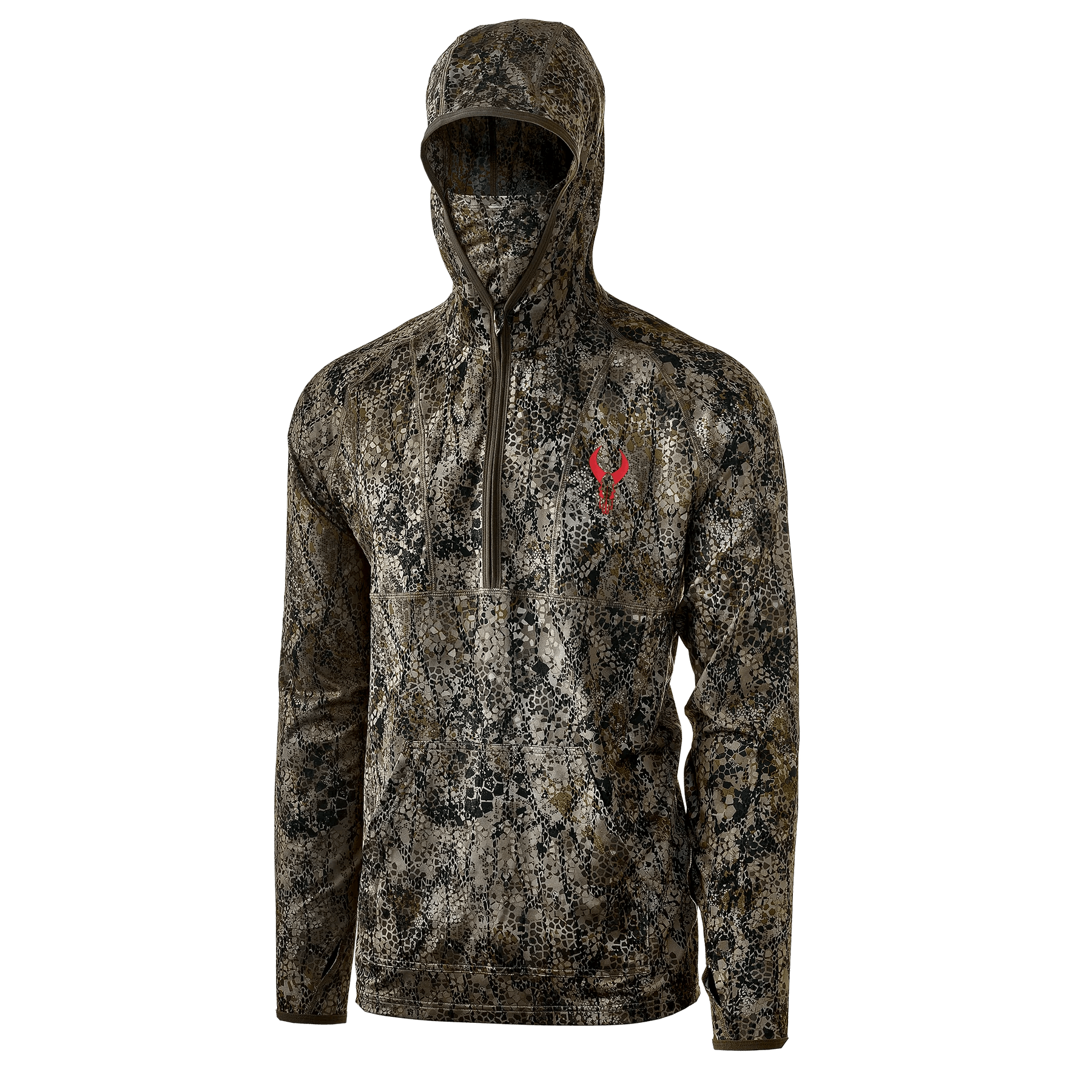 Camo hunting hoodie with half-zip, front pocket, and red antler logo on chest