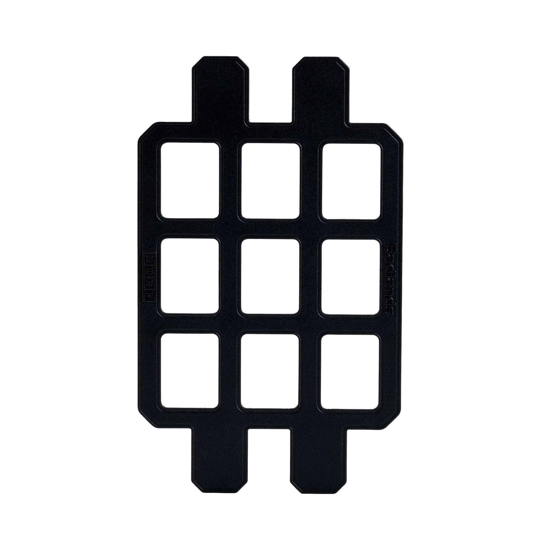 Black metal gear mounting panel with rectangular cutouts, isolated on black background
