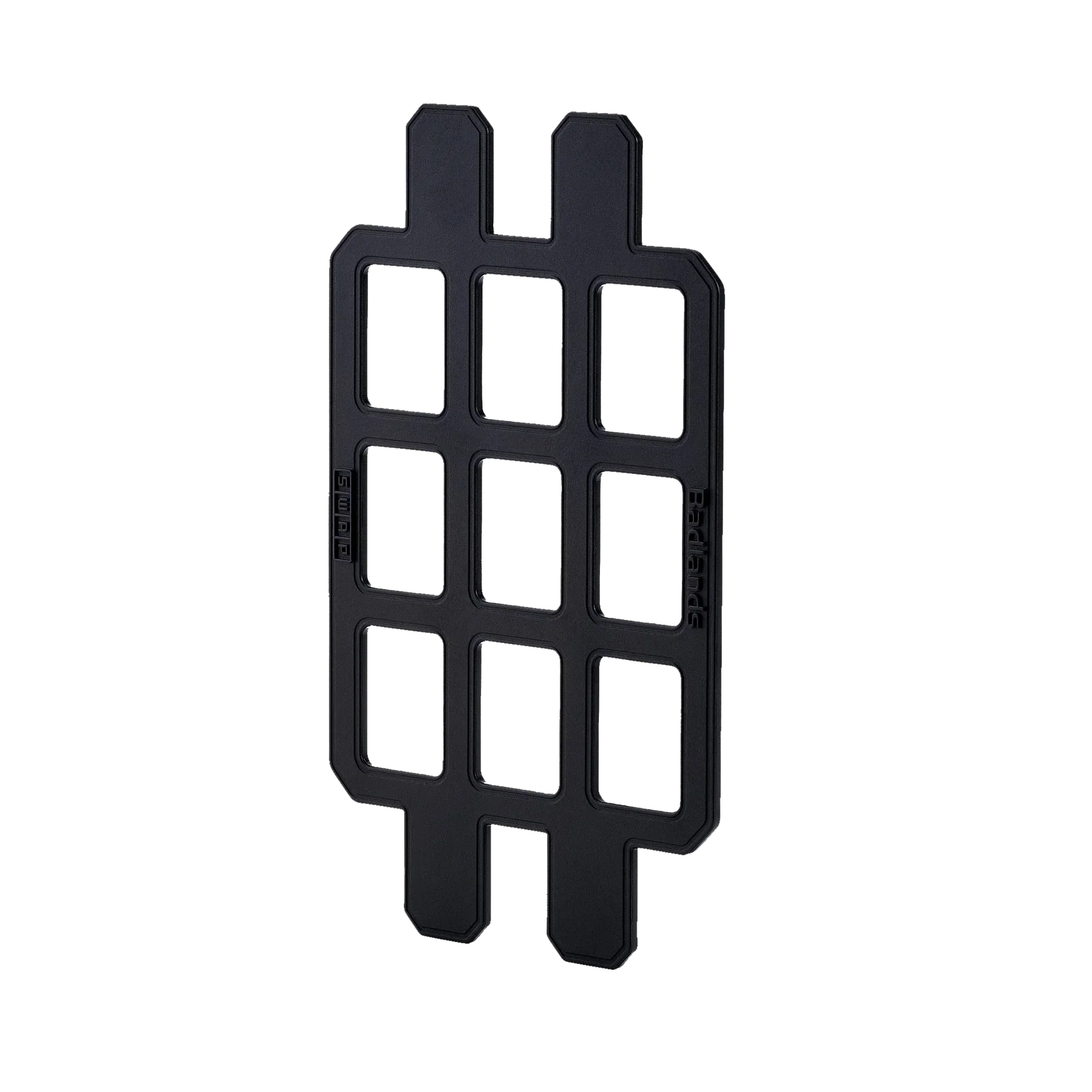 Black modular molle panel gear organizer with multiple cutouts, isolated on black background