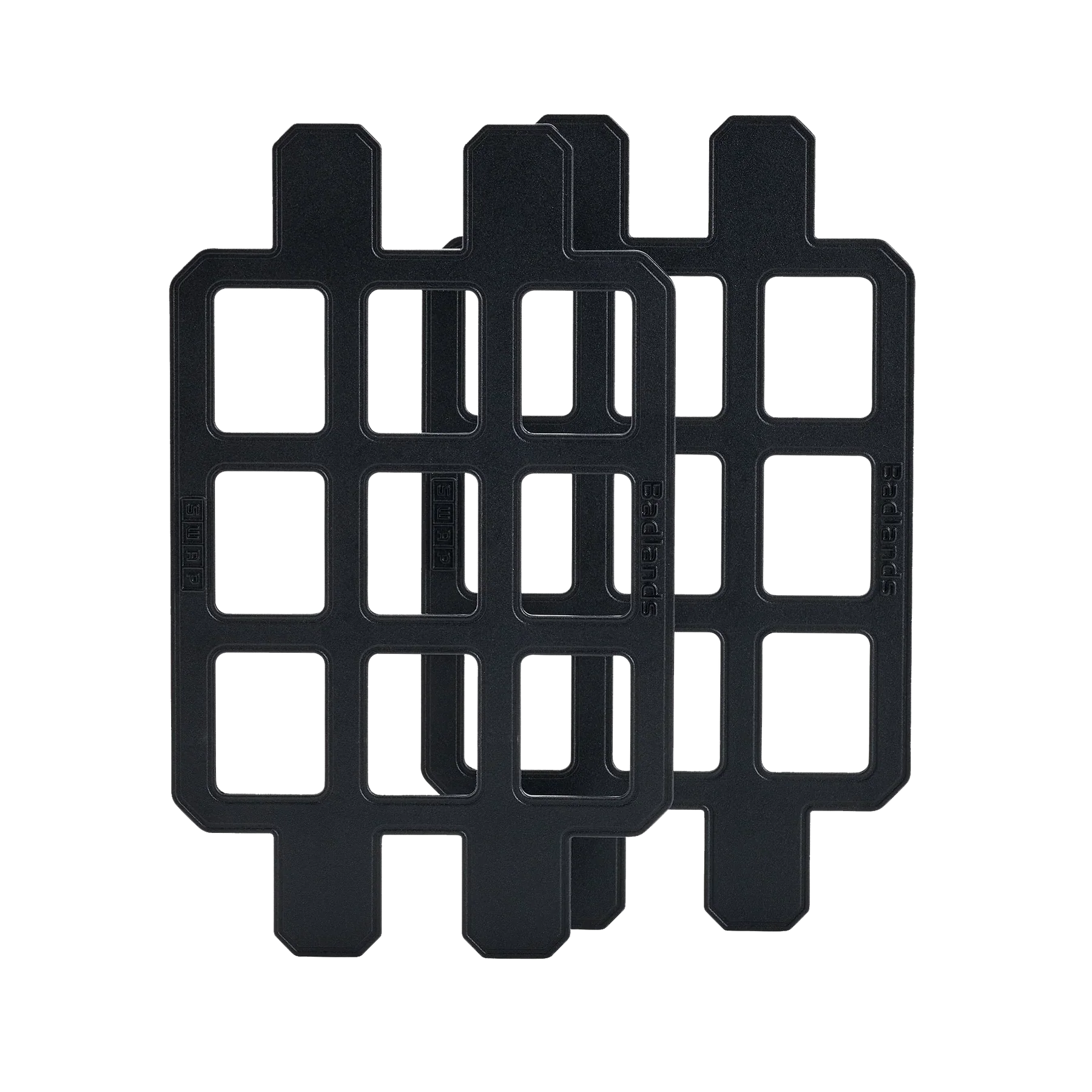 Pair of black MOLLE panel inserts for backpacks, labeled Badlands, with grid cutouts