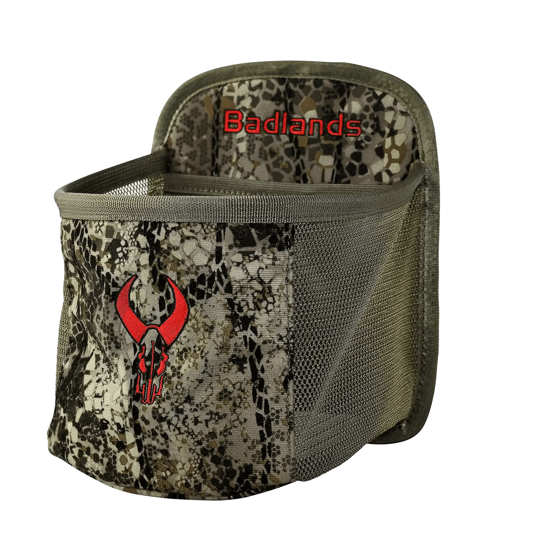 Badlands camo hunting pouch with red skull logo and mesh side panel