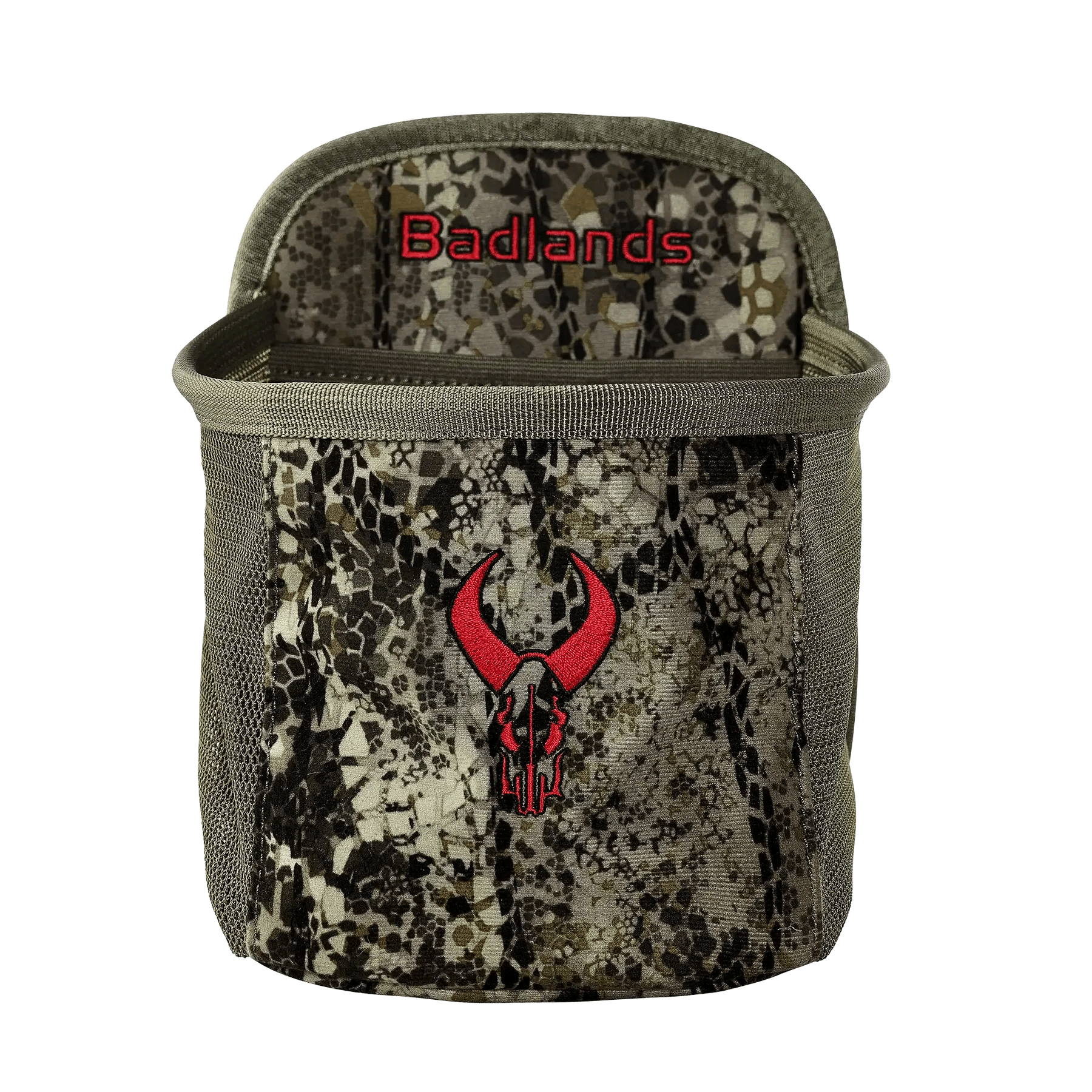 Badlands camo pouch with red skull logo, hunting gear accessory