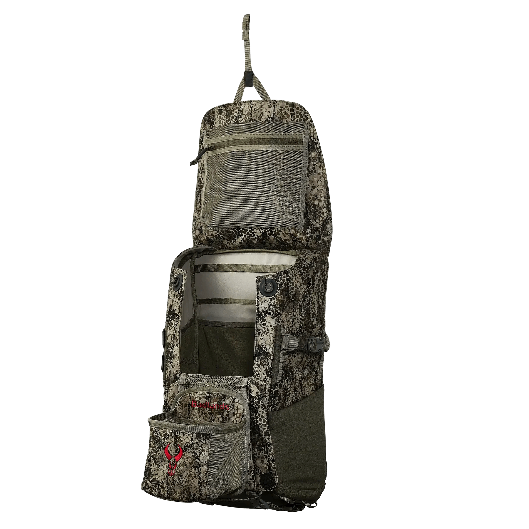 Open camo hunting backpack with mesh pockets and hanging strap, Badlands logo visible