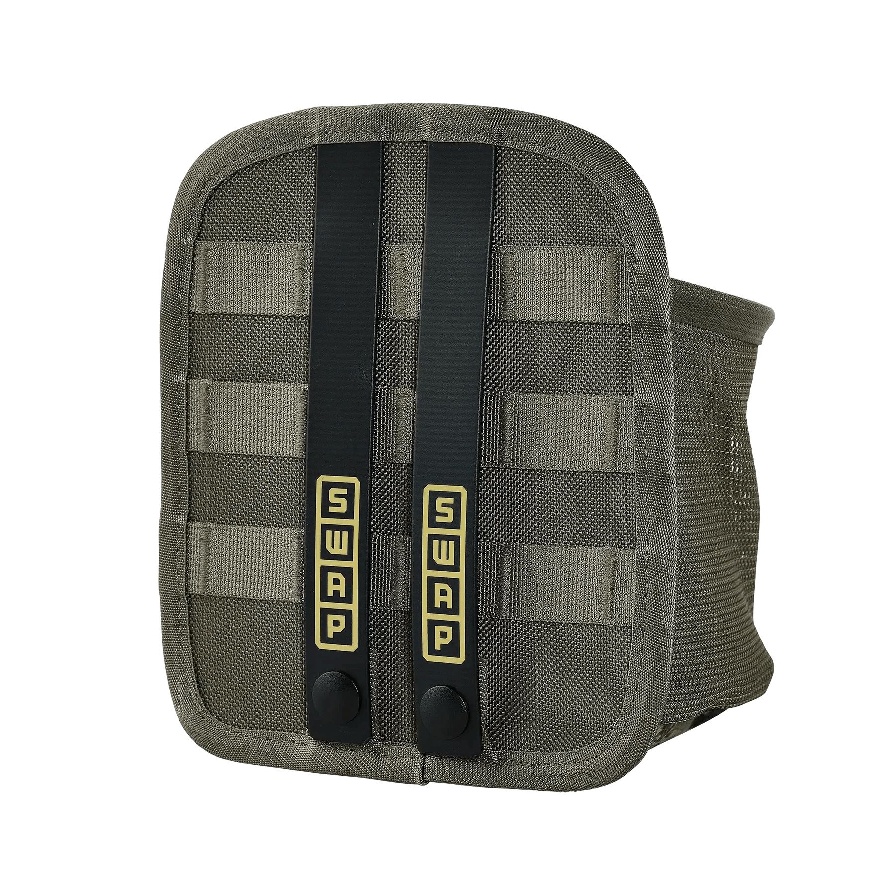 Olive green tactical MOLLE pouch with mesh side panel and SWAP branded straps