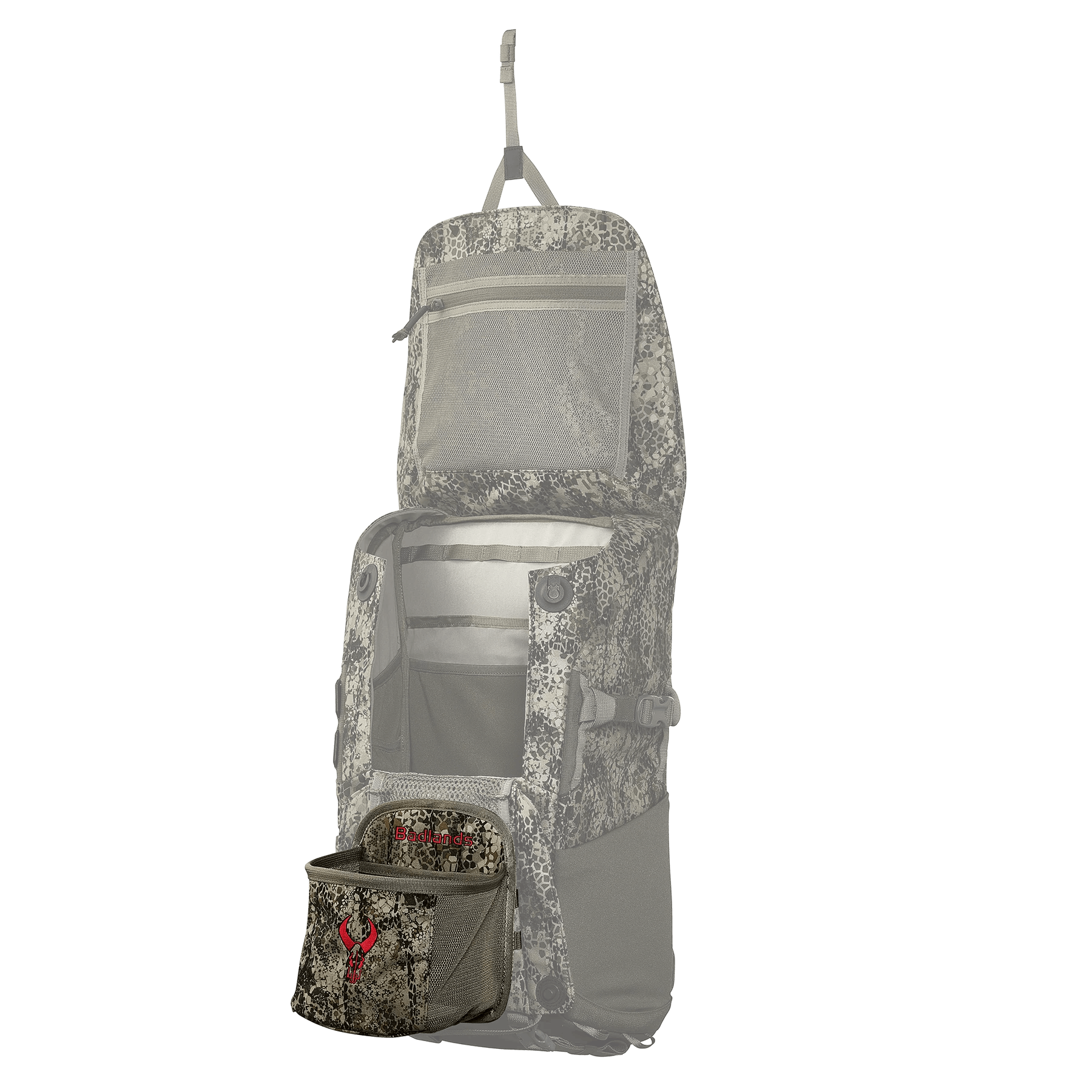 Open camo hunting backpack with multiple compartments and mesh pockets