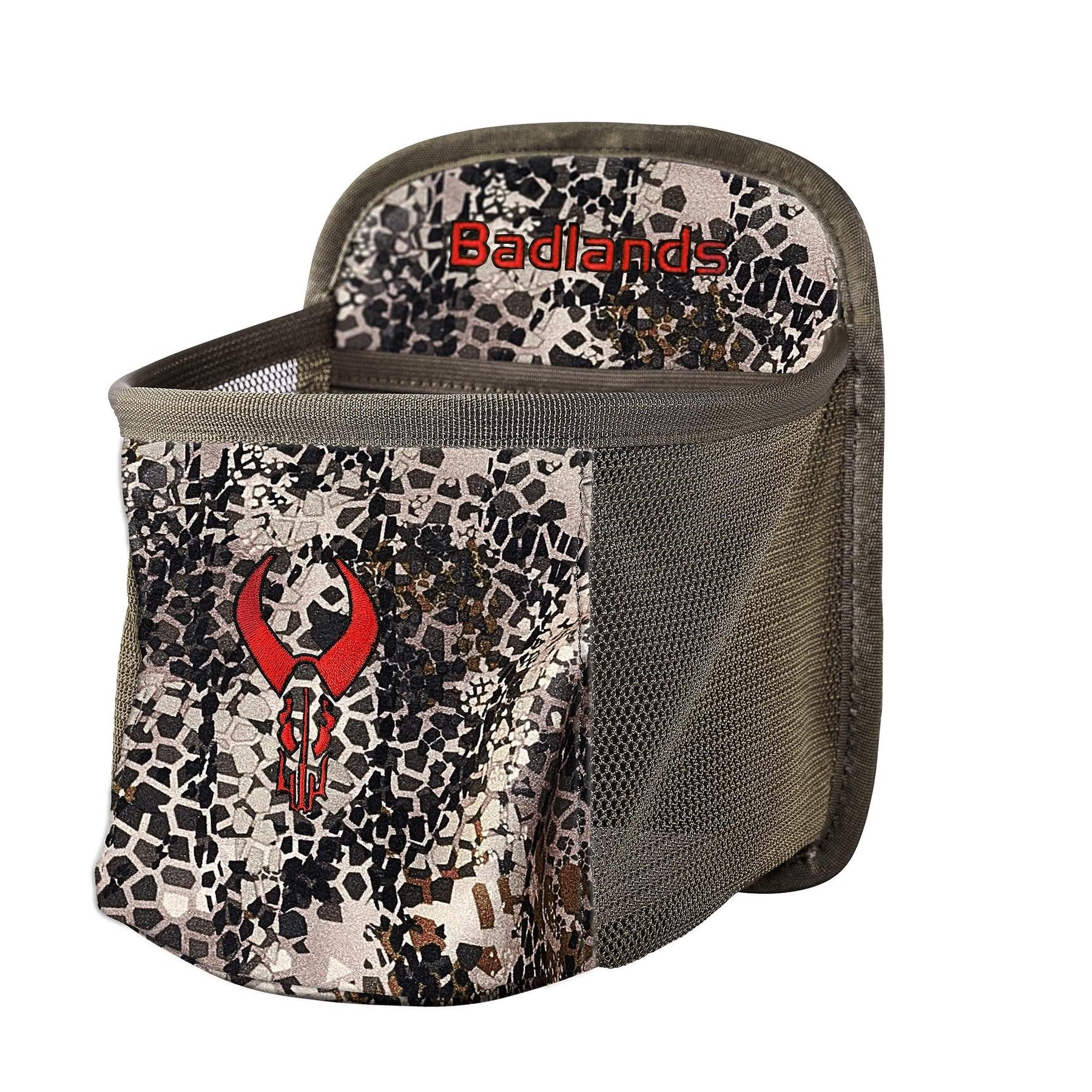 Badlands camo hunting pouch with mesh sides and red logo on front
