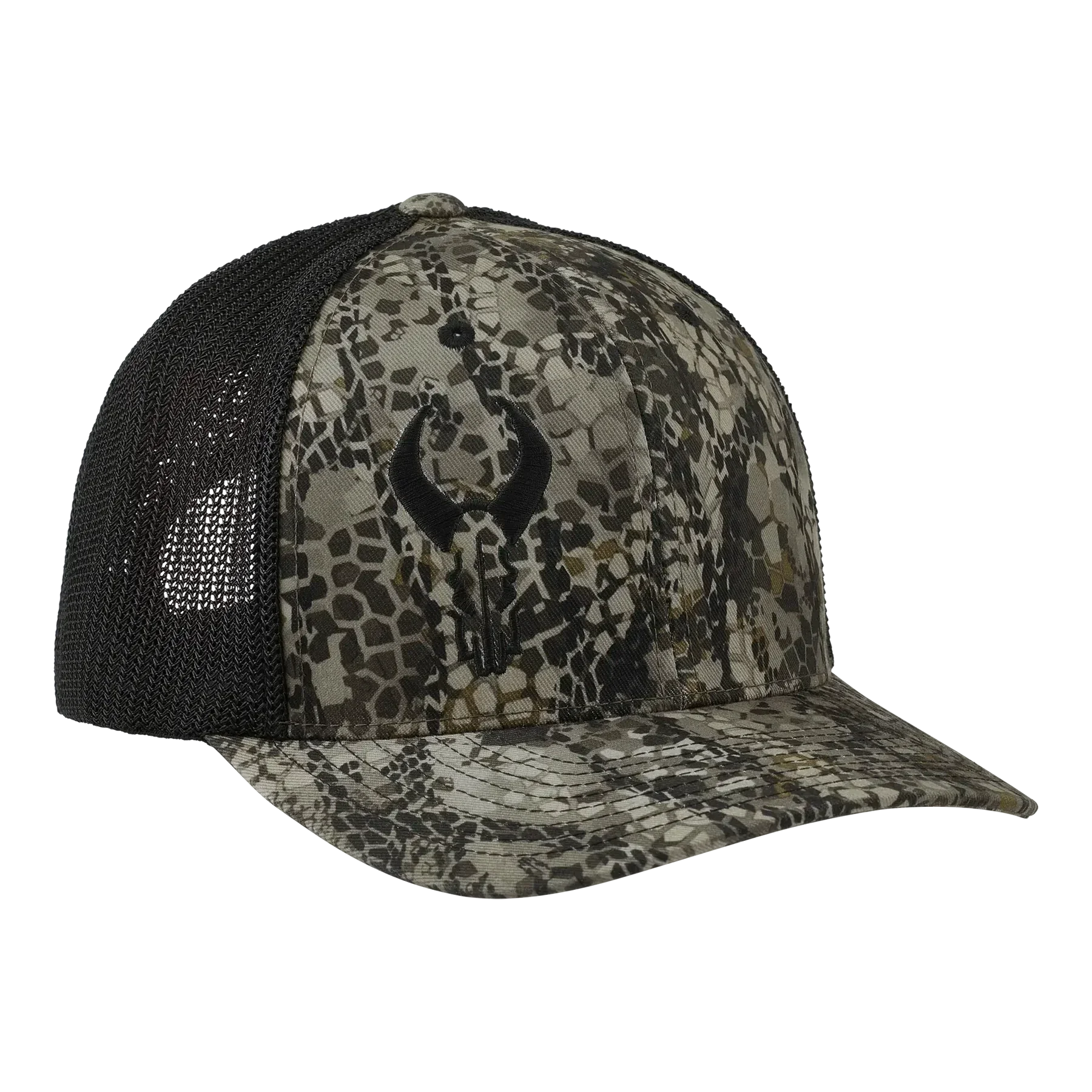 Camouflage Flexfit hat with mesh back and black embroidered logo on front