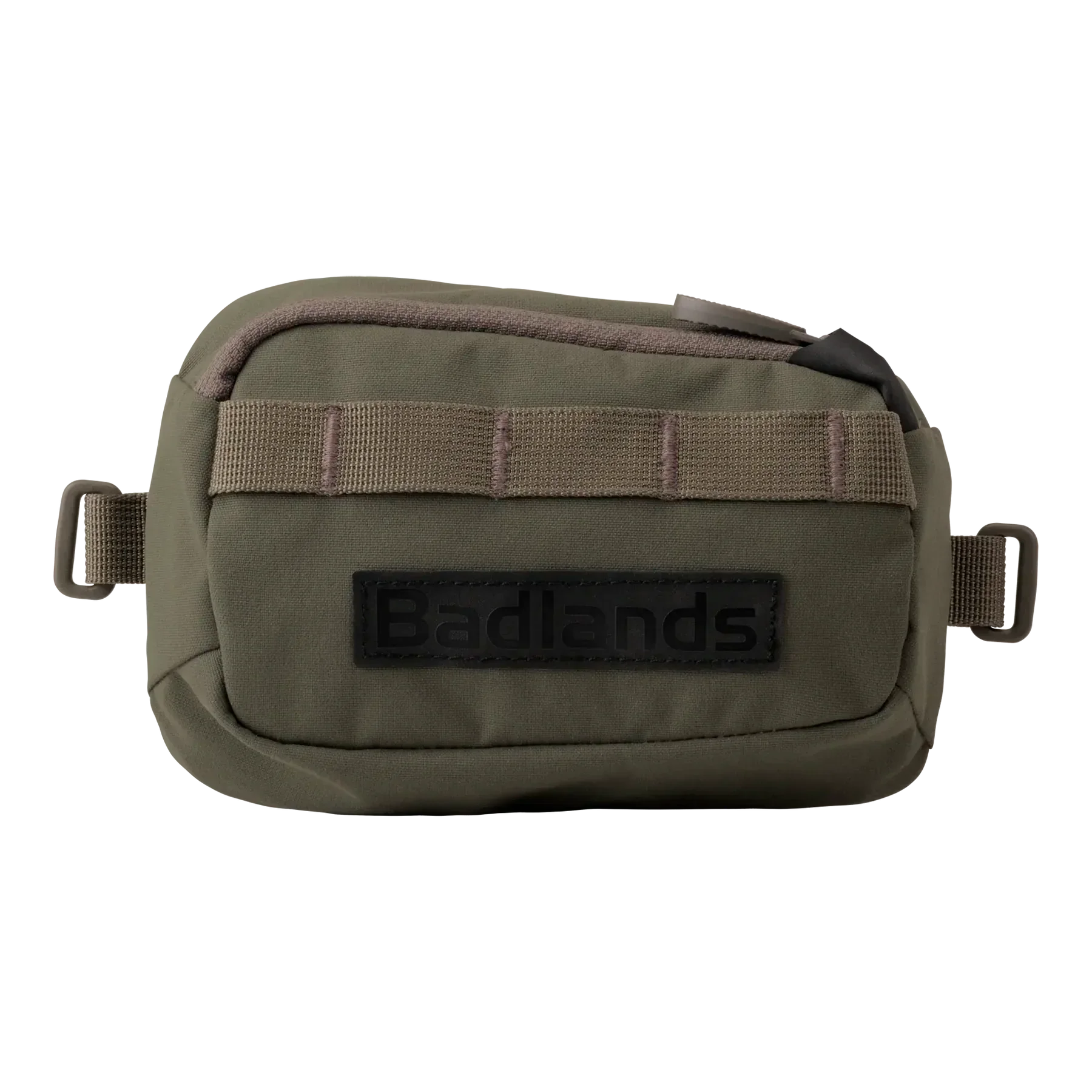 Olive green Badlands waist pack with front MOLLE webbing and black logo patch
