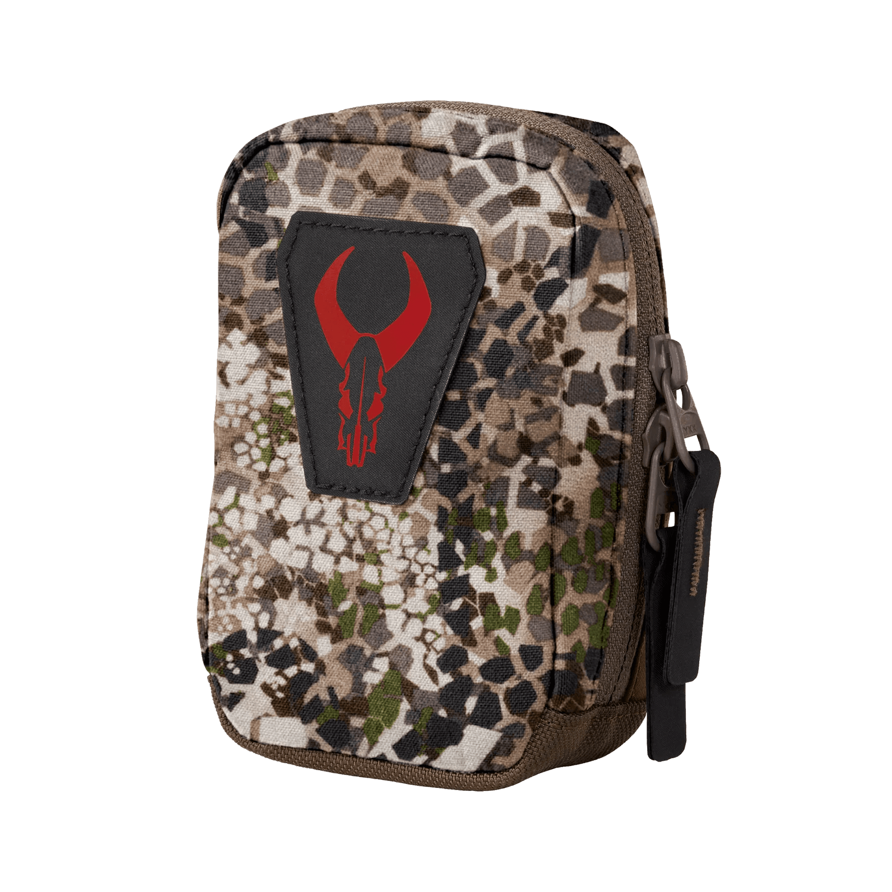 Camouflage zip pocket pouch with red antler logo, outdoor gear accessory