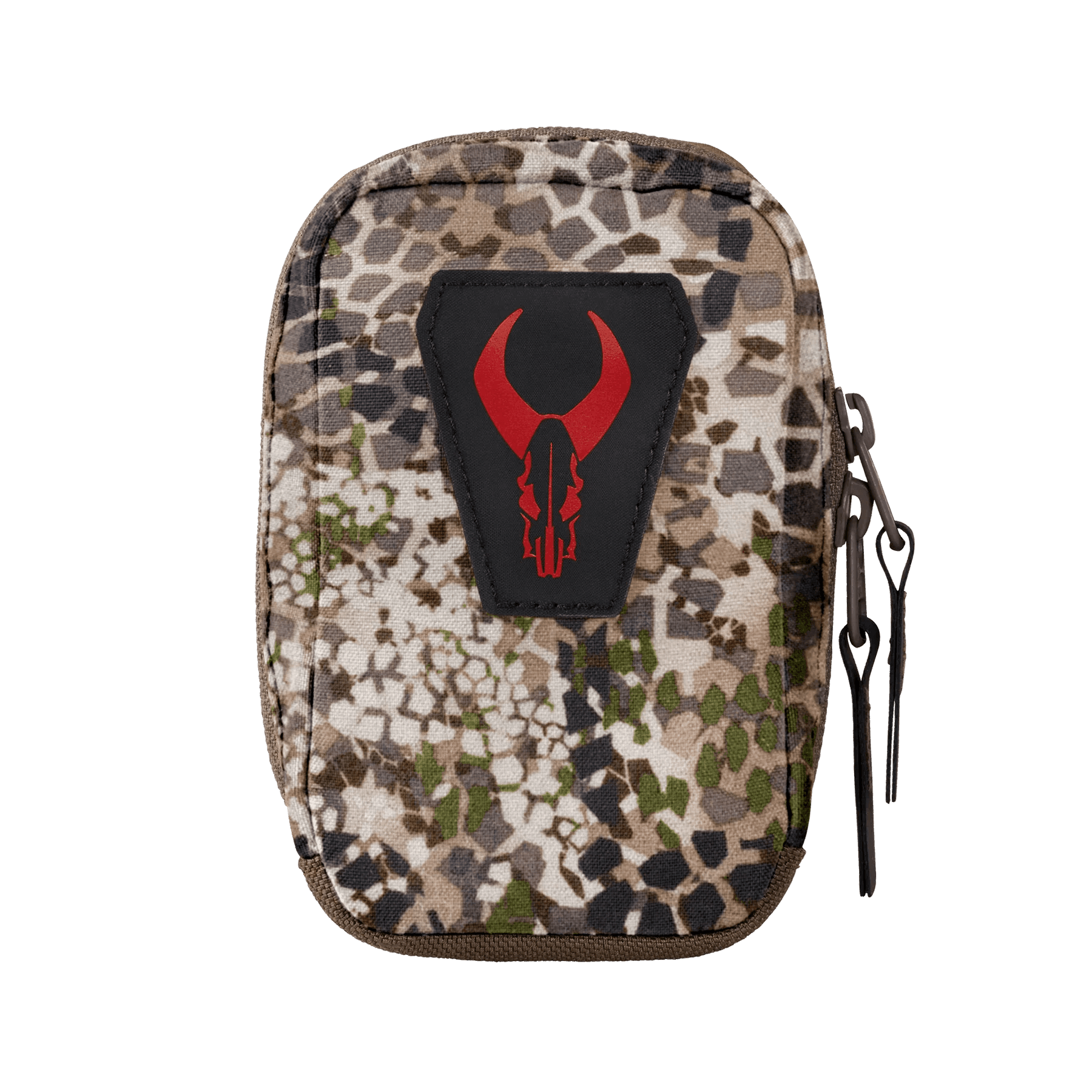 Camouflage Badlands zip pocket pouch with red skull logo for outdoor sports gear
