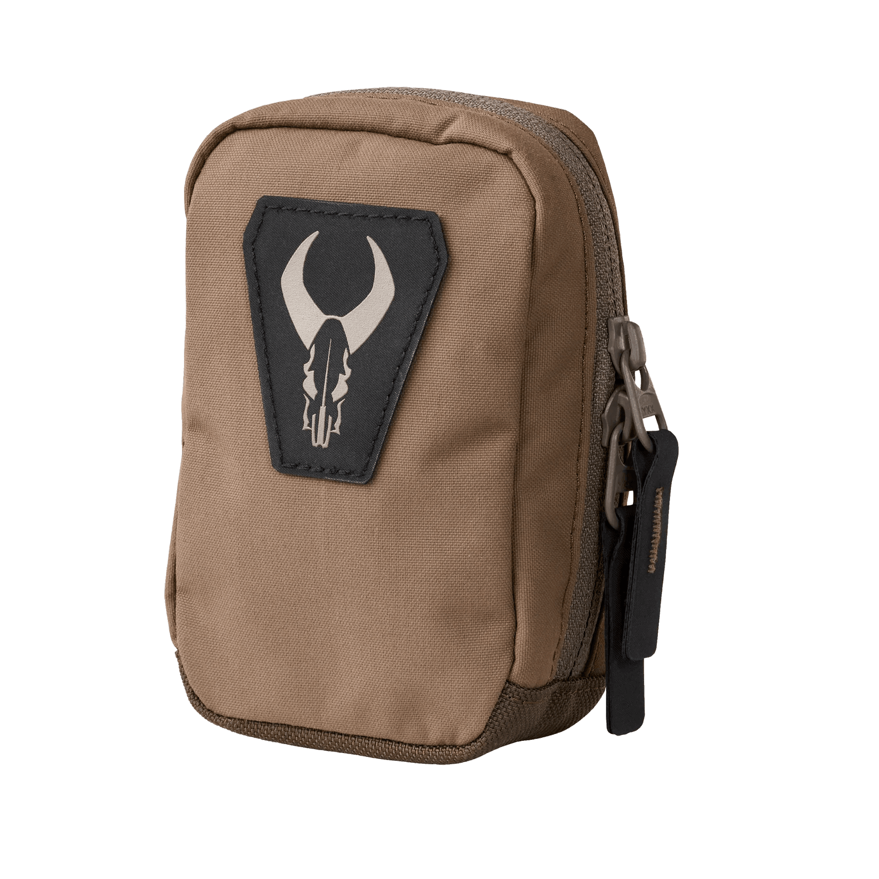 Brown Badlands zip pocket pouch with bull skull logo and dual zippers, outdoor gear