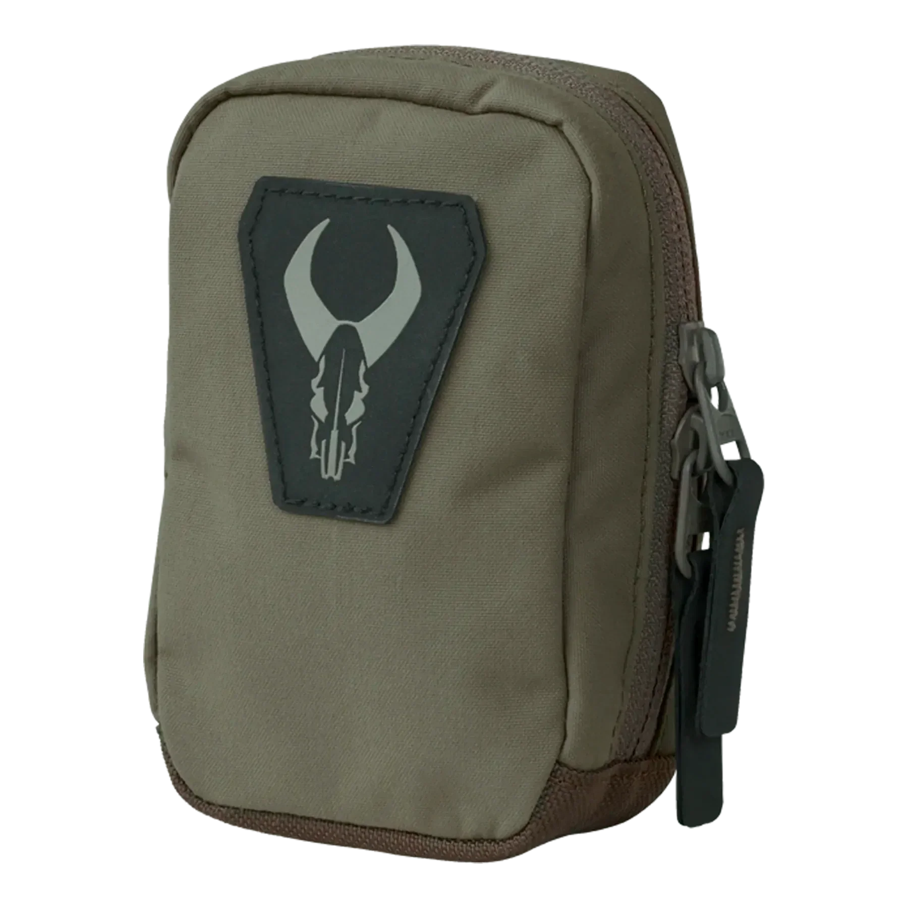 Khaki tactical pouch with zipper and black bison skull patch on front