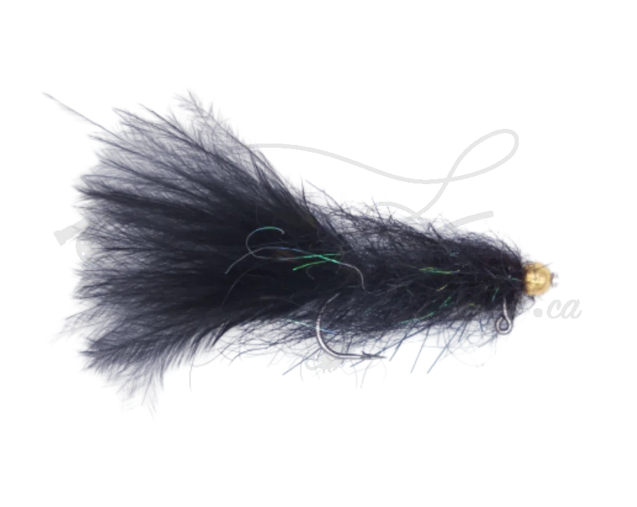 Balanced Leech Black Barbless fly fishing lure with black marabou tail and gold bead head
