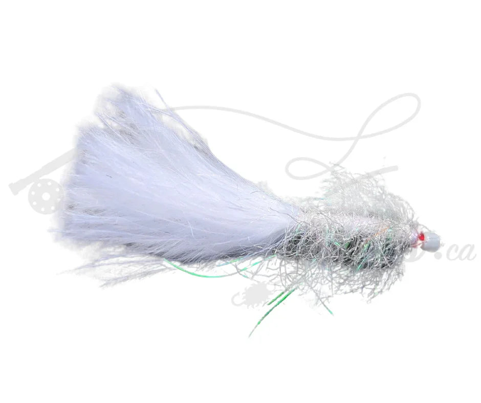 White balanced leech fly fishing lure with metallic tinsel on a white background