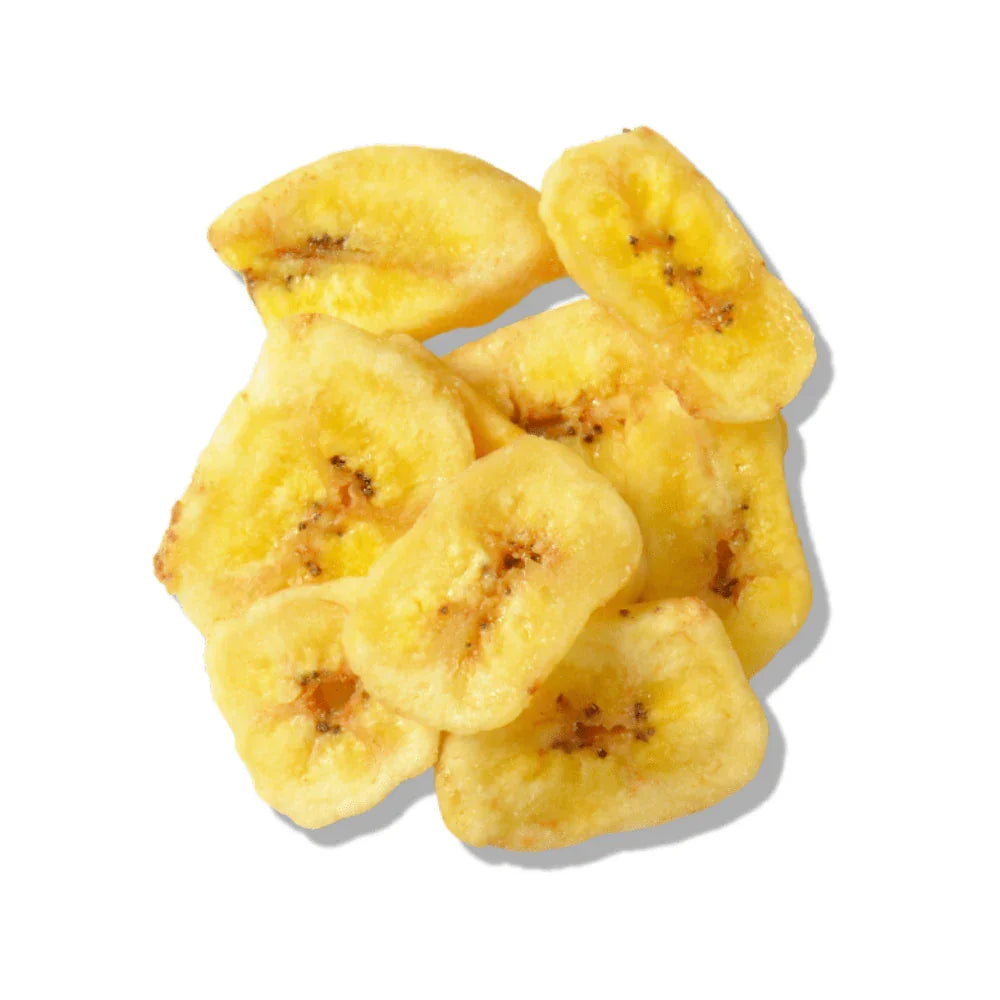 Crispy banana chips isolated on white background, healthy fruit snack