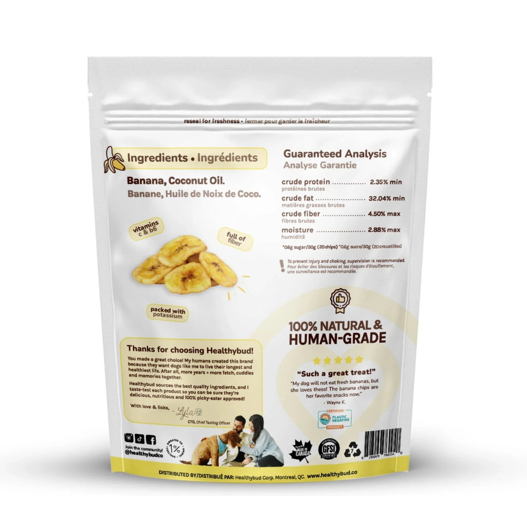 Back of Healthybud banana chips dog treats bag with ingredients, analysis, and product info