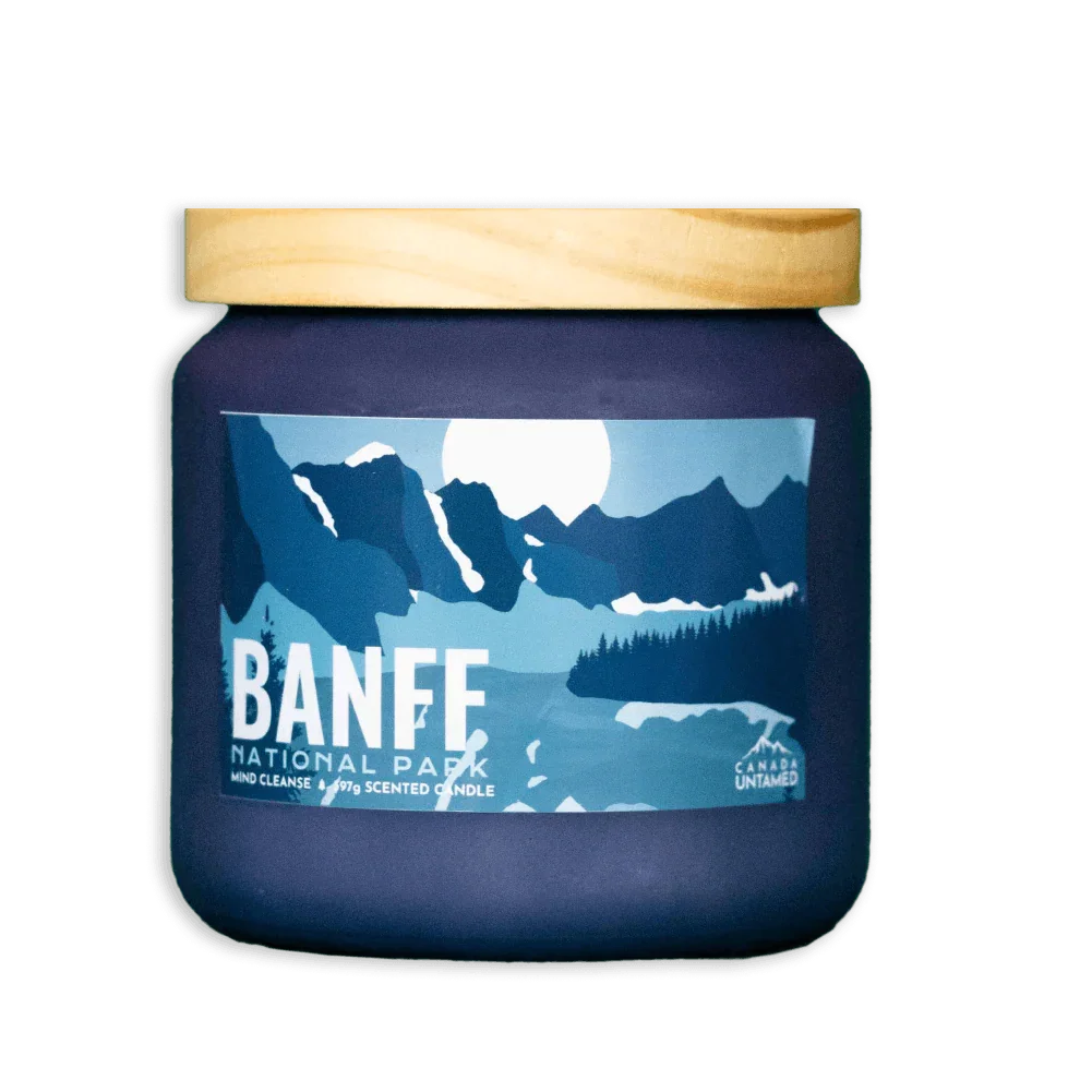 Banff National Park Mind Cleanse scented candle in blue jar with mountain and forest label