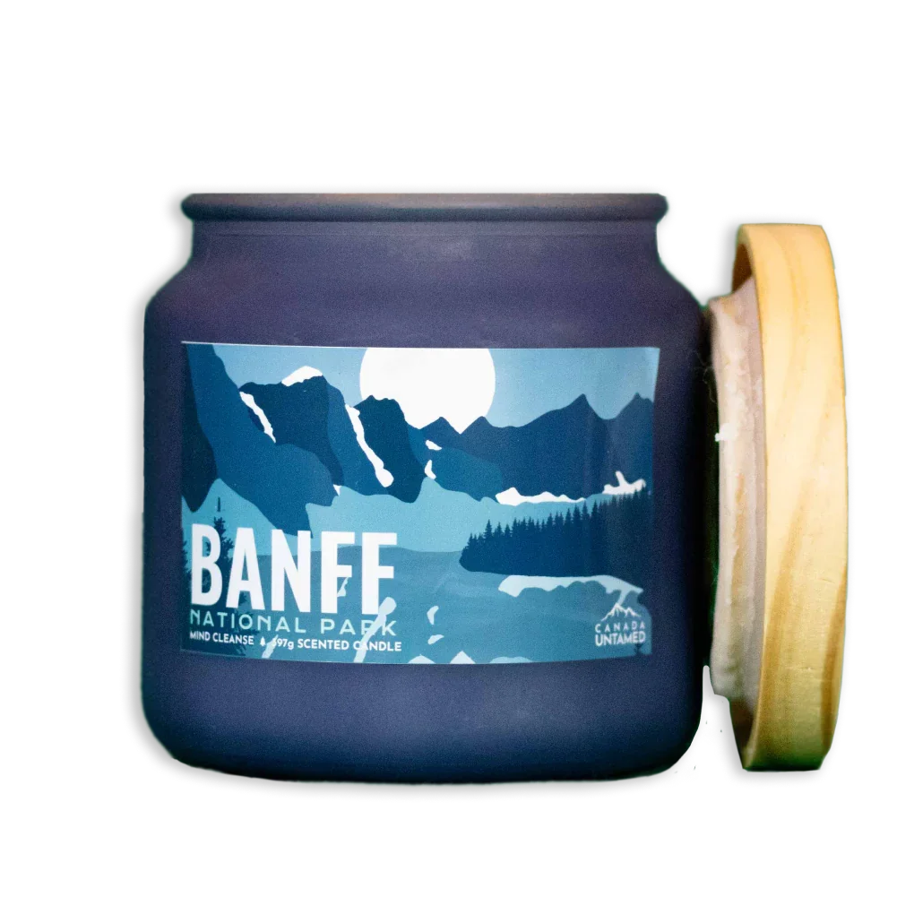 Banff National Park Mind Cleanse scented candle in blue jar with mountain design