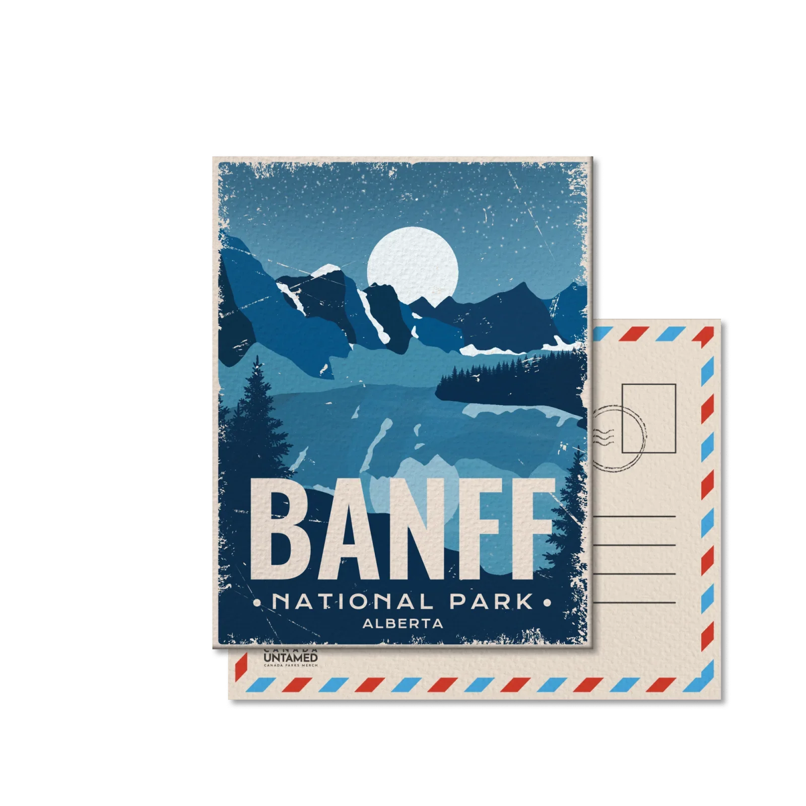 Banff National Park Alberta postcard with blue mountains, pine trees, and a full moon.