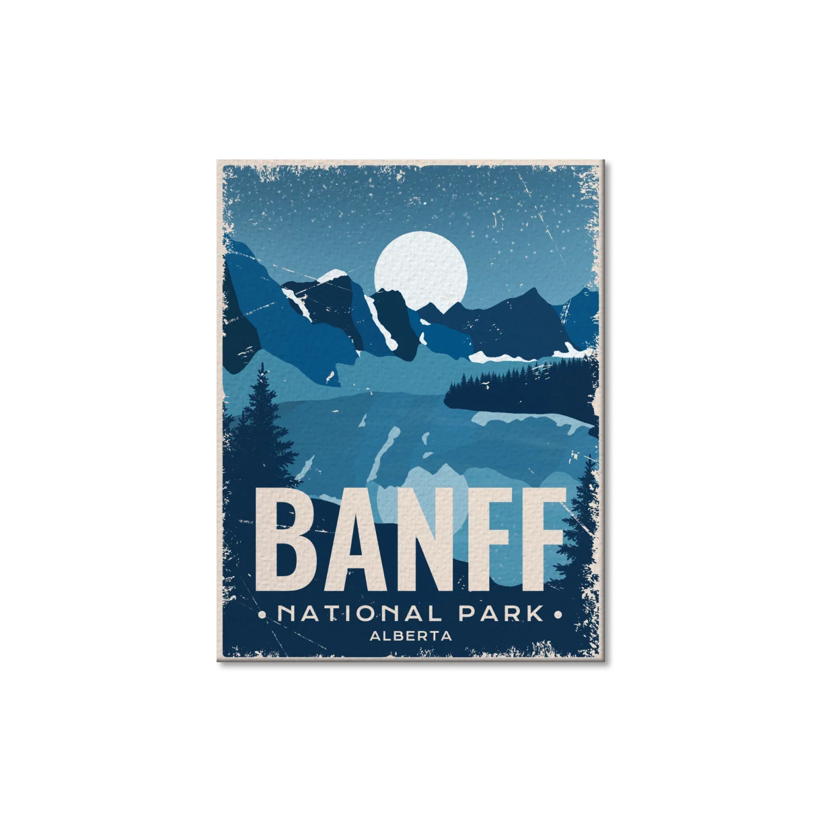 Banff National Park Alberta vintage postcard with blue mountains and moon illustration