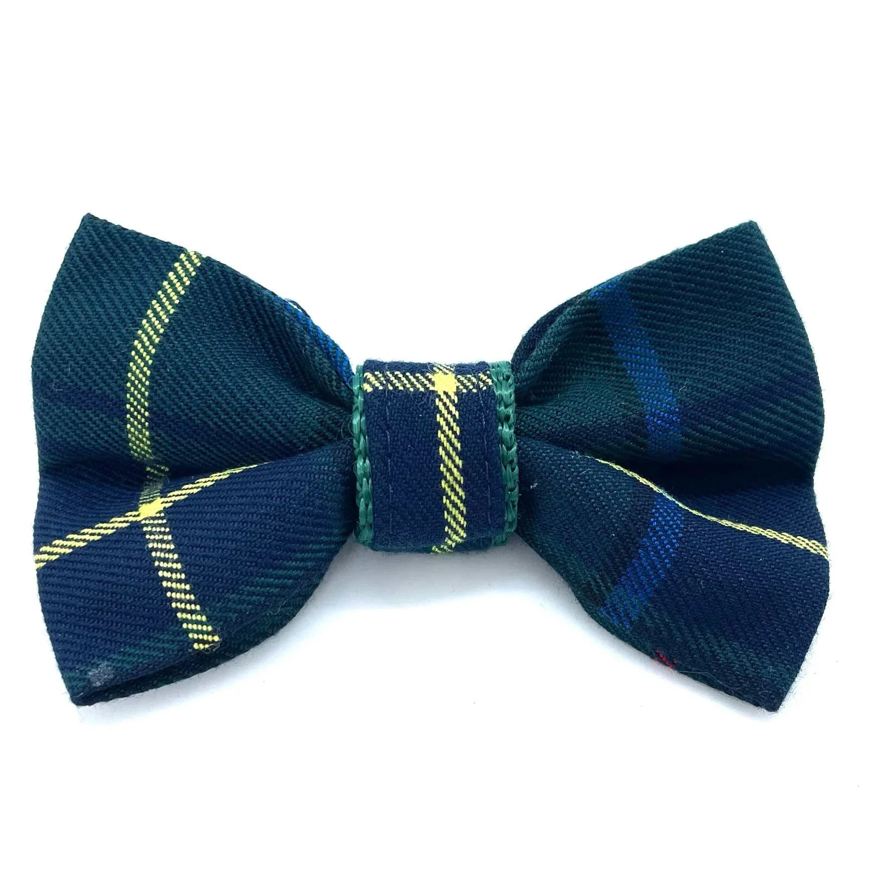 Green plaid tartan bow tie with yellow stripes on a white background