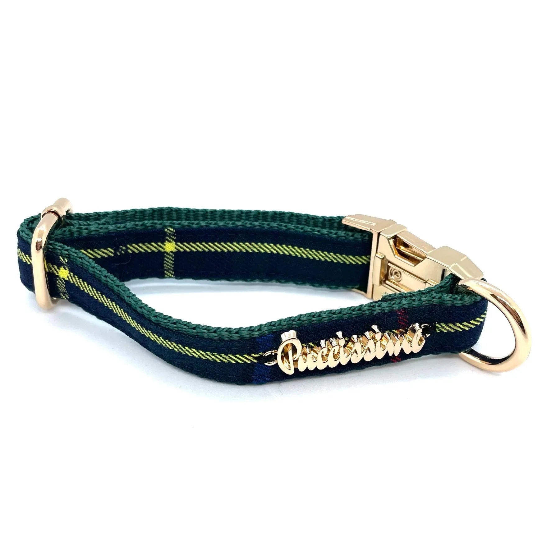 Green plaid dog collar with gold hardware and Puccissimo nameplate on white background