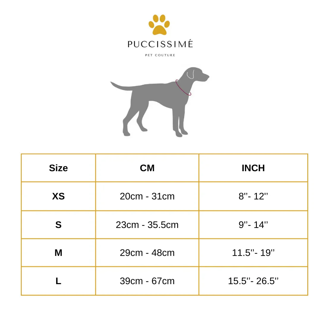 Dog rain jacket collar size chart with measurements in cm and inches by Puccissime Pet Couture.
