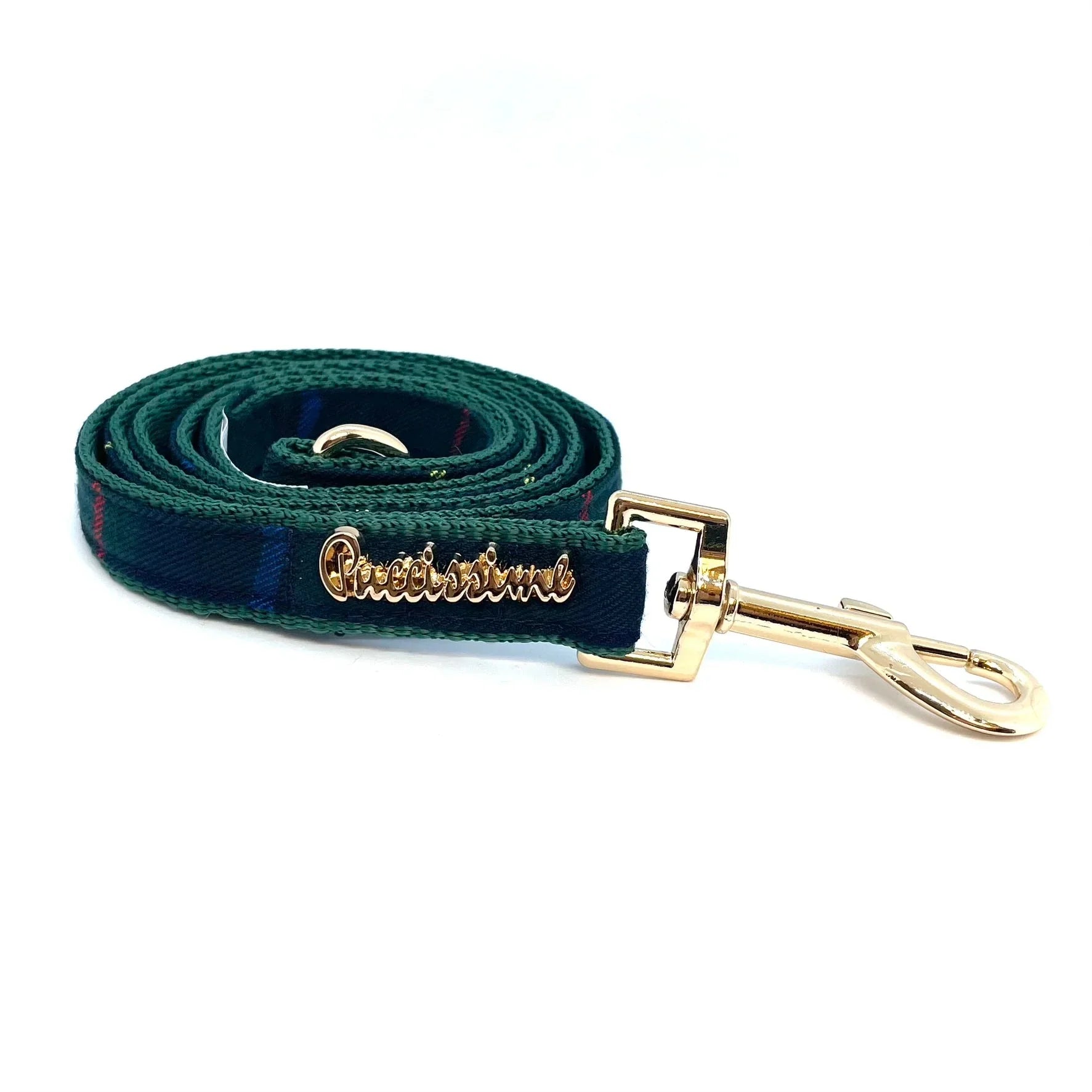 Green plaid dog leash with gold hardware and metallic 'Preciousina' logo
