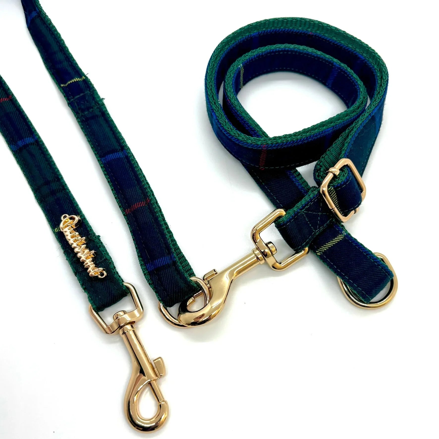 Green plaid dog leash with gold hardware on white background