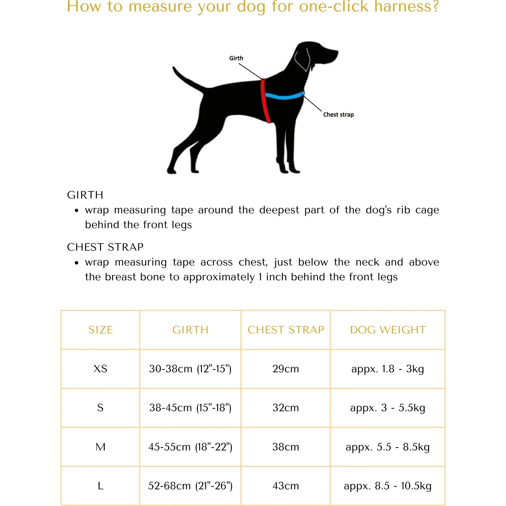 Dog harness size guide chart with measurement instructions for girth and chest strap.