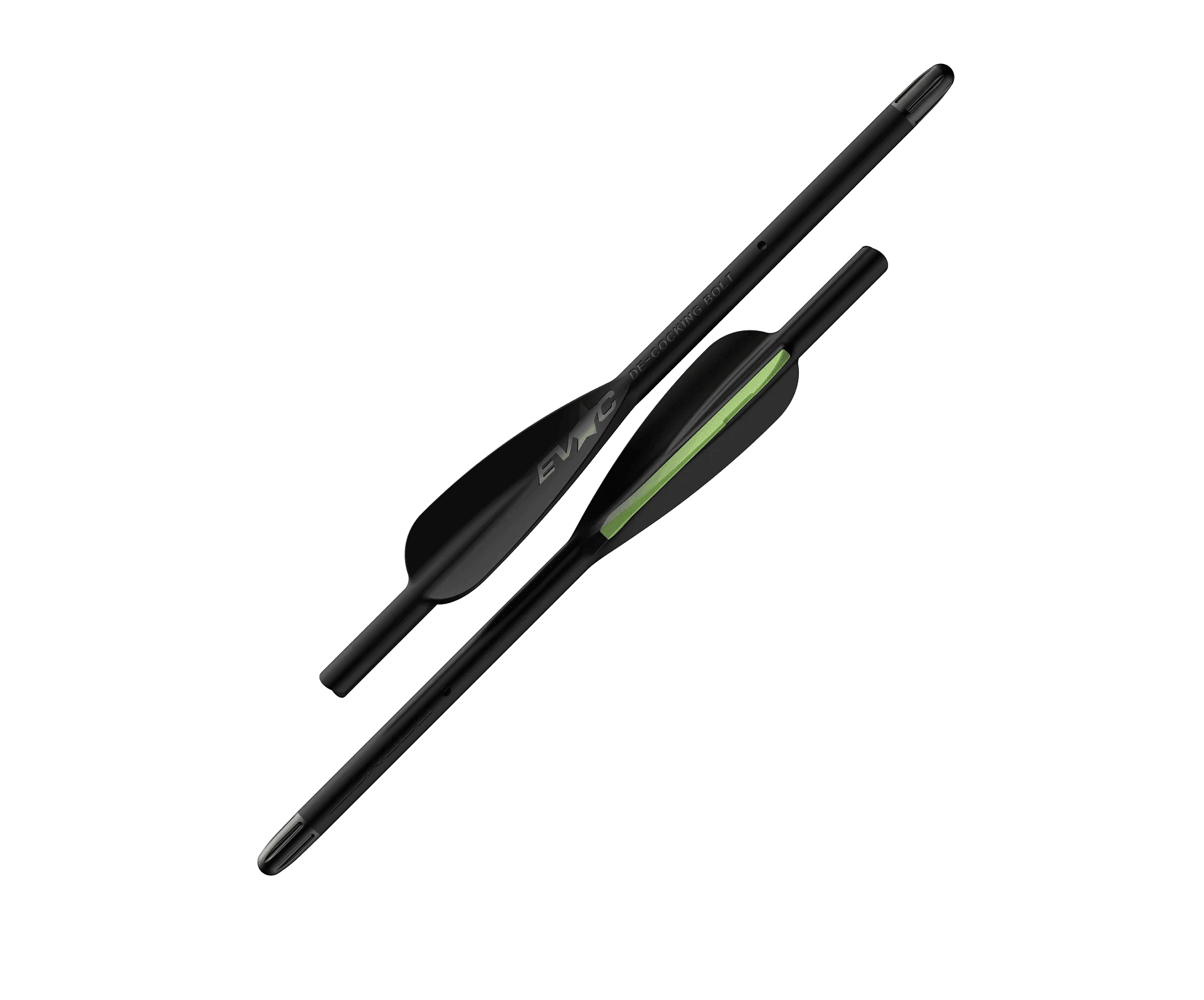 Barnett EVAC crossbow de-cocking bolts with black and green fletching on gray background