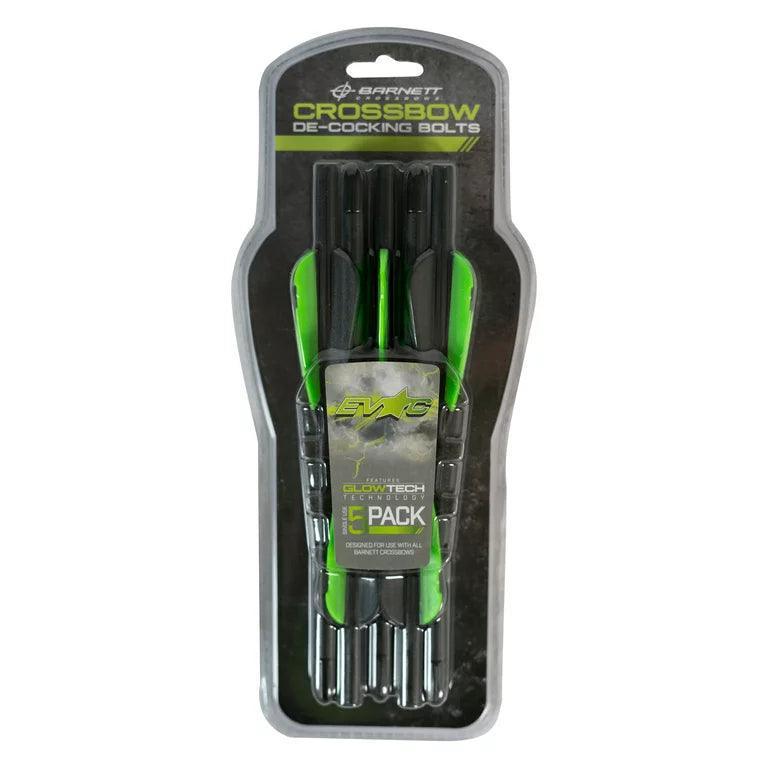 Barnett crossbow de-cocking bolts pack with green and black arrows in retail packaging