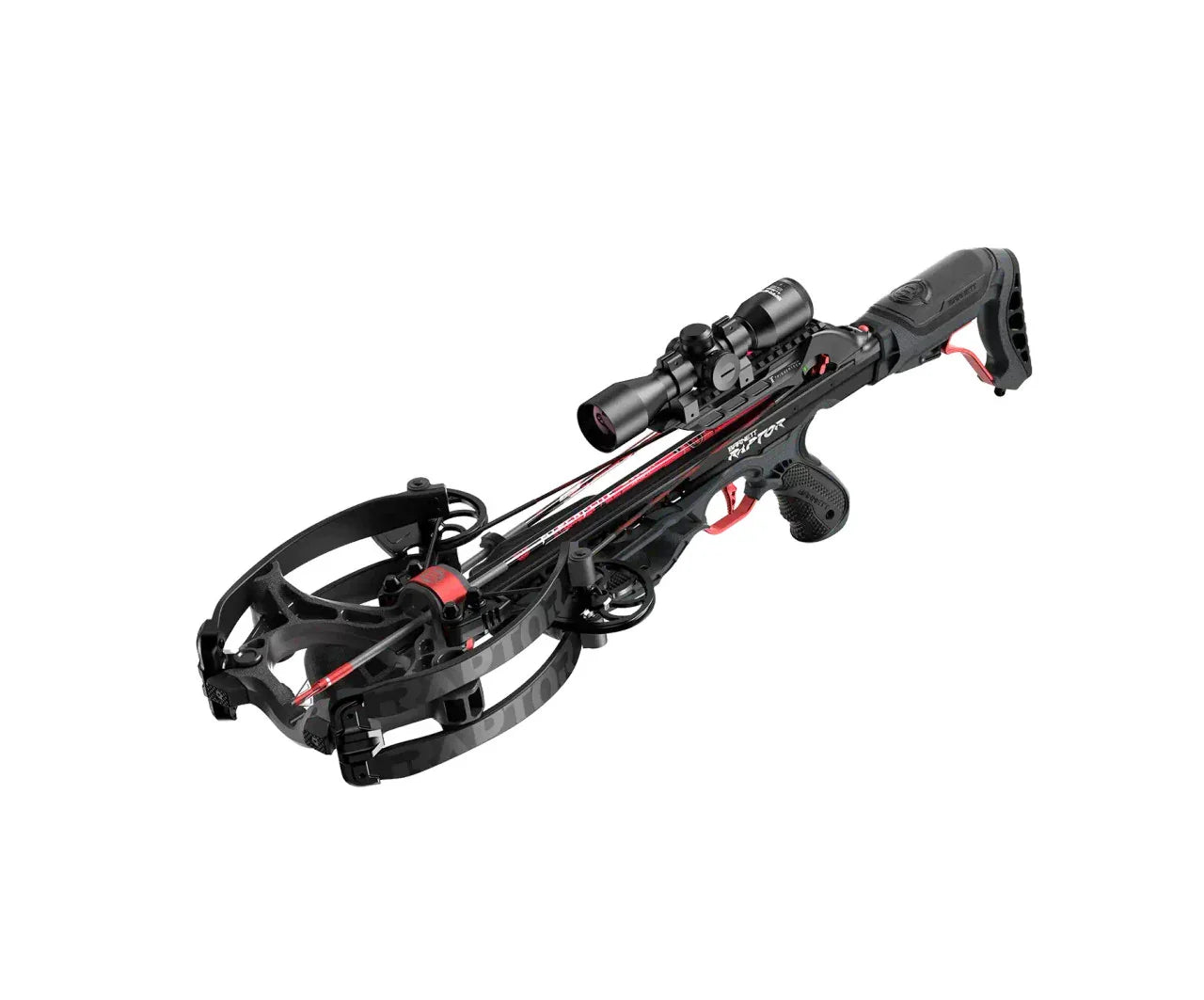 Barnett Hyper Raptor Crossbow with scope, black and red, on white background