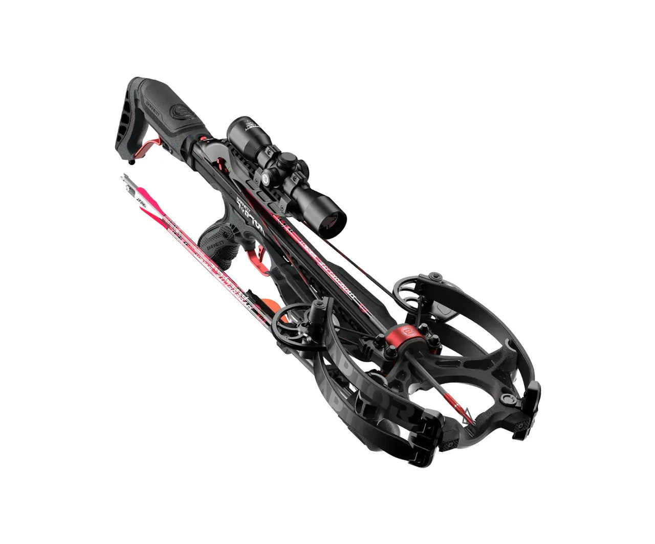 Barnett Hyper Raptor crossbow with scope, black frame, and red-accented arrows