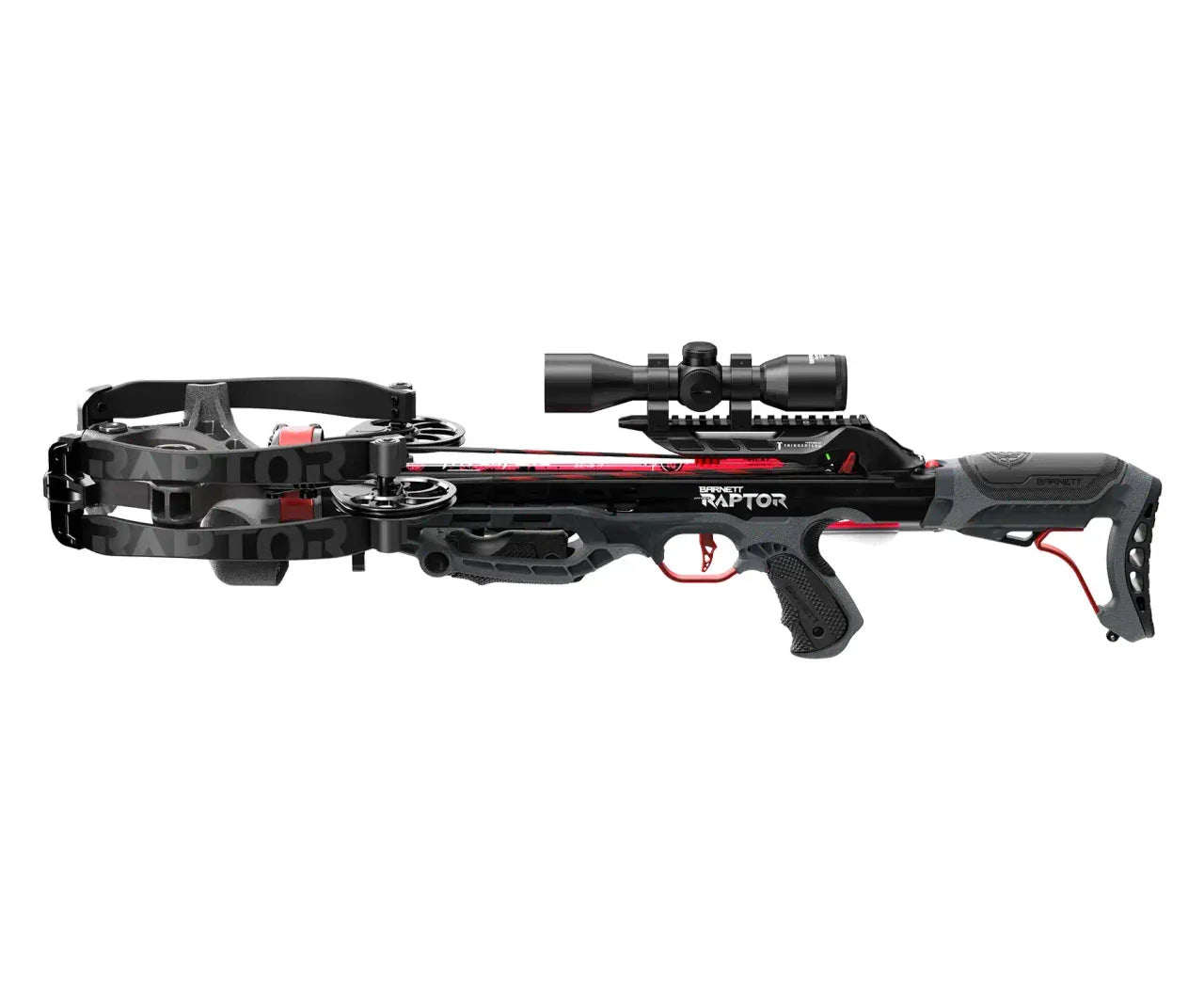 Barnett Hyper Raptor Crossbow with scope, black and red modern design, side view