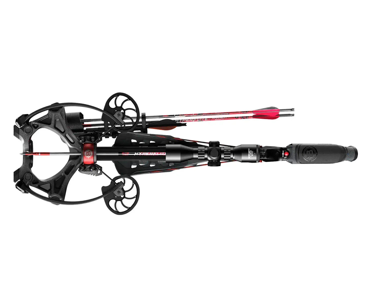 Barnett Hyper Raptor crossbow with arrows, black and red, top view on white background