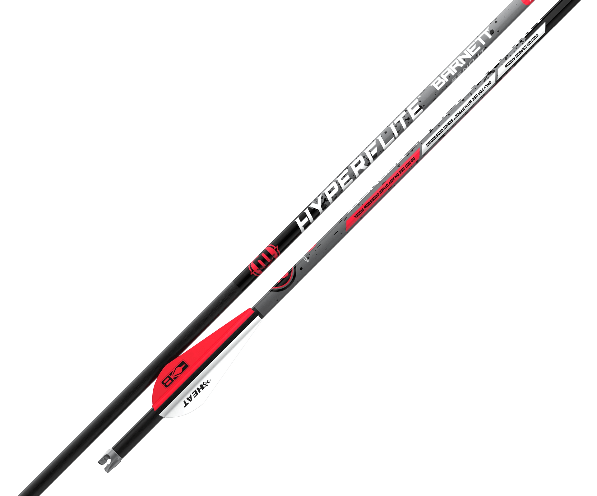 Barnett Hyperflite arrow with red and white vanes on a gray background