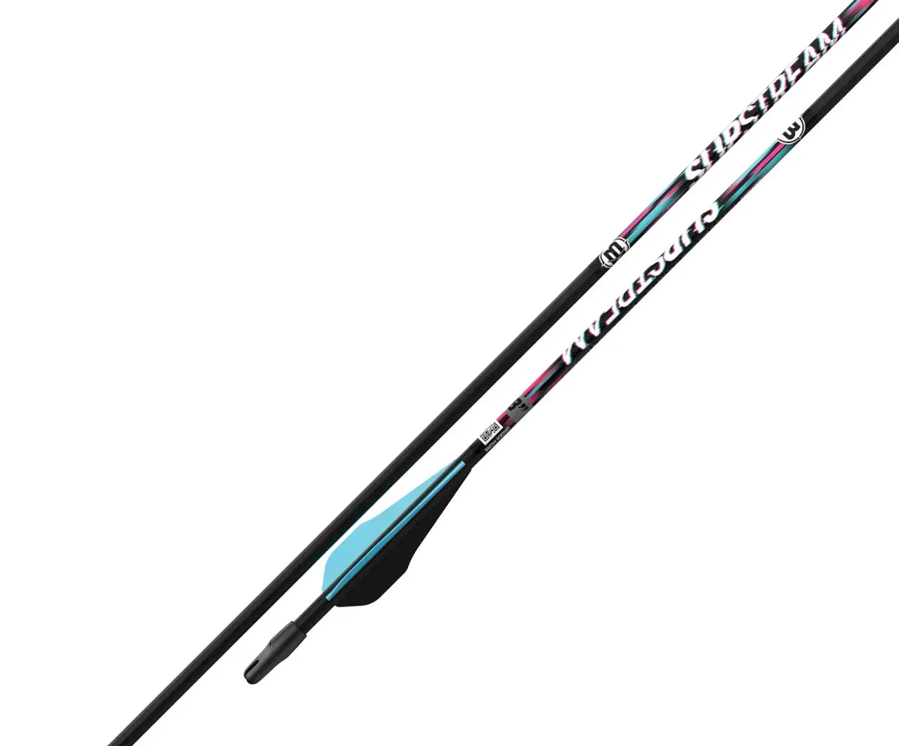 Barnett Archery Slipstream youth arrow with blue and black fletching on white background