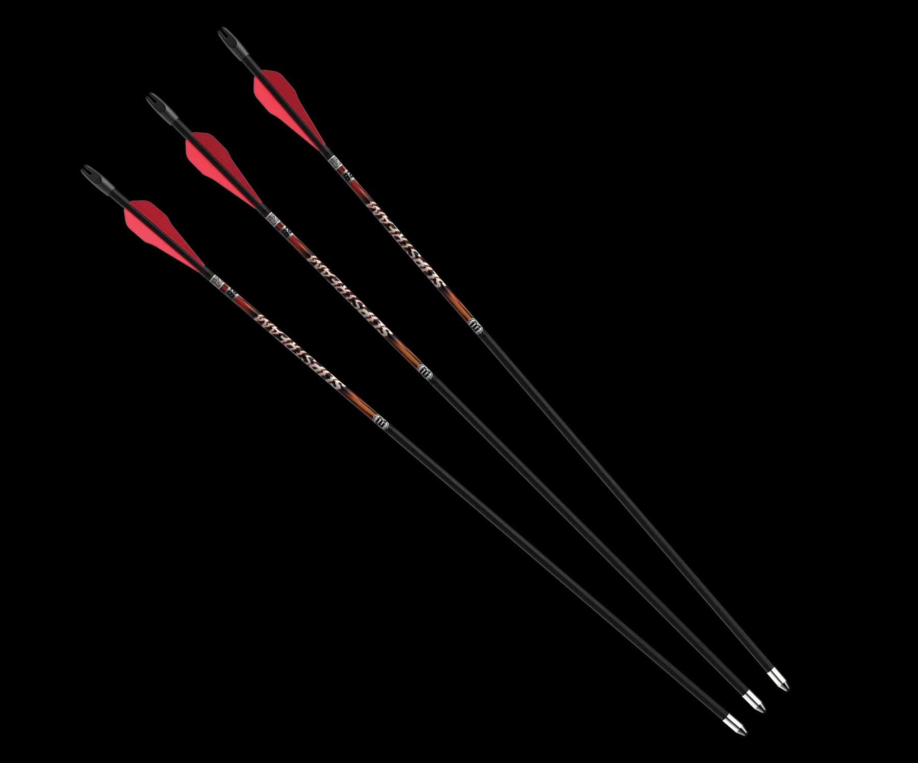 Three black archery arrows with red fletching and silver tips on black background