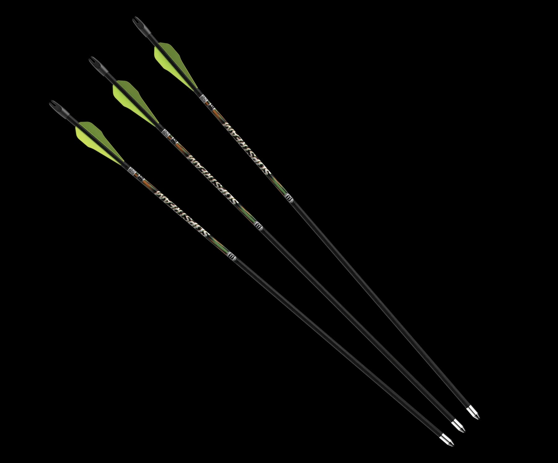 Three black carbon archery arrows with green vanes on a black background