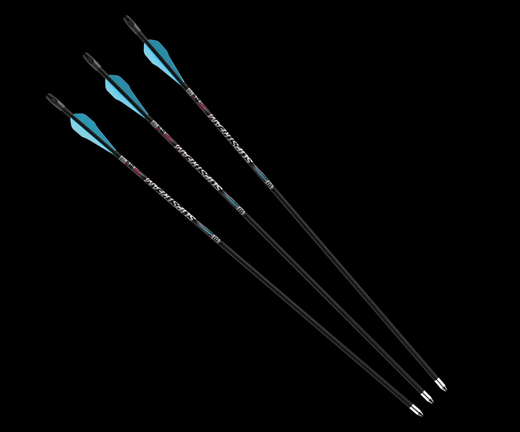 Three black carbon archery arrows with blue fletching on a black background