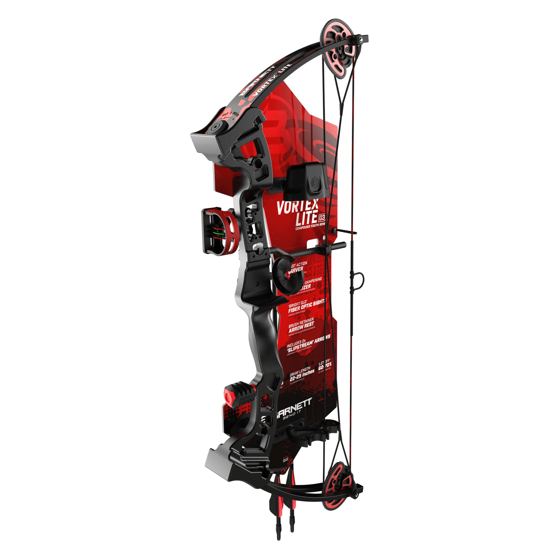 Vortex Lite G3 compound bow with red and black accents on a display board