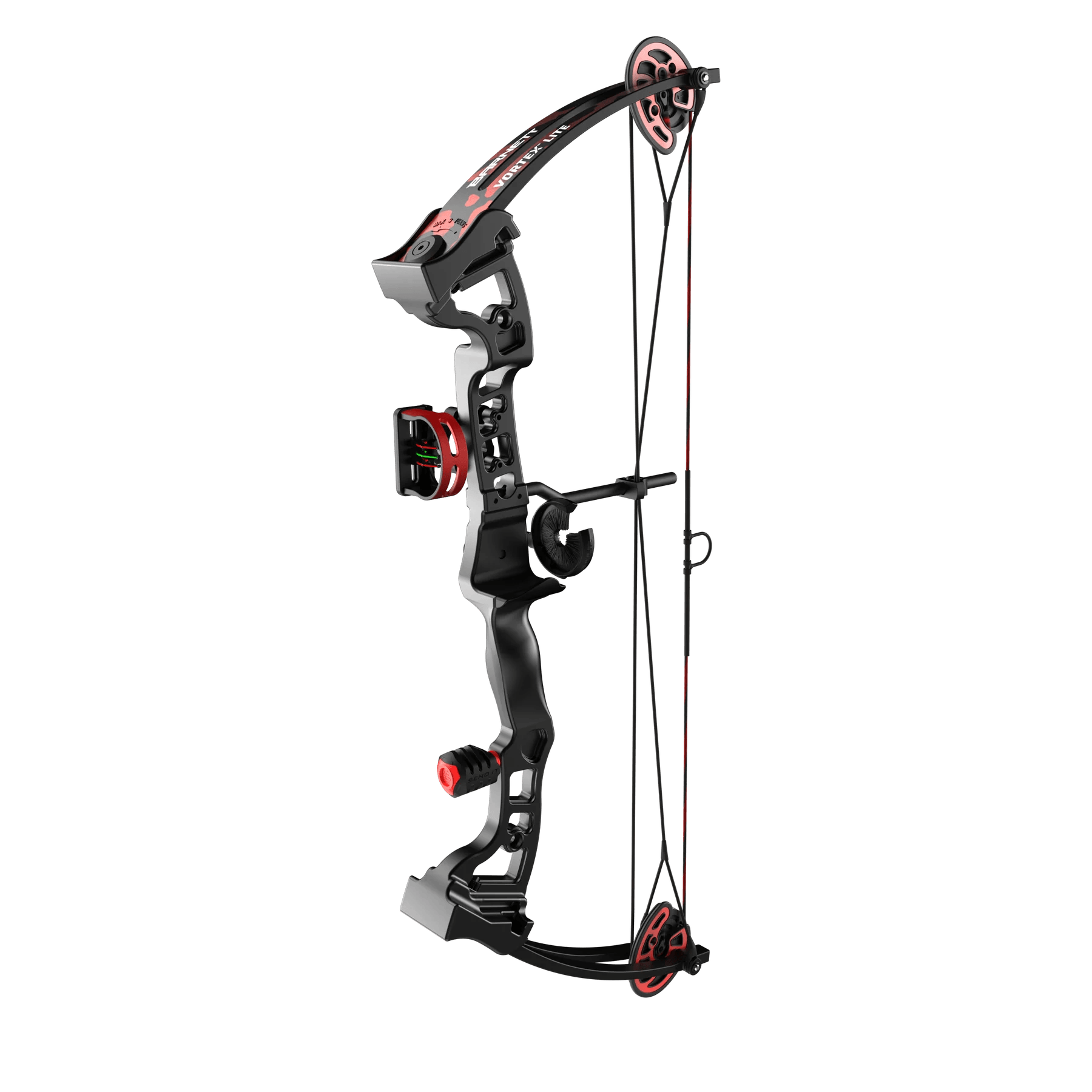Black and red Vortex Lite 2 compound bow with sight and dual cams on gray background.