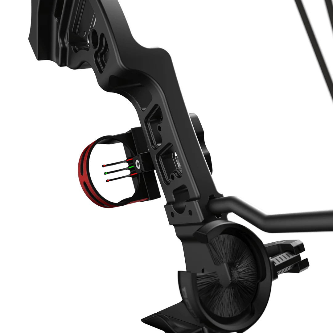 Close-up of Vortex Lite compound bow with sight and arrow rest accessories